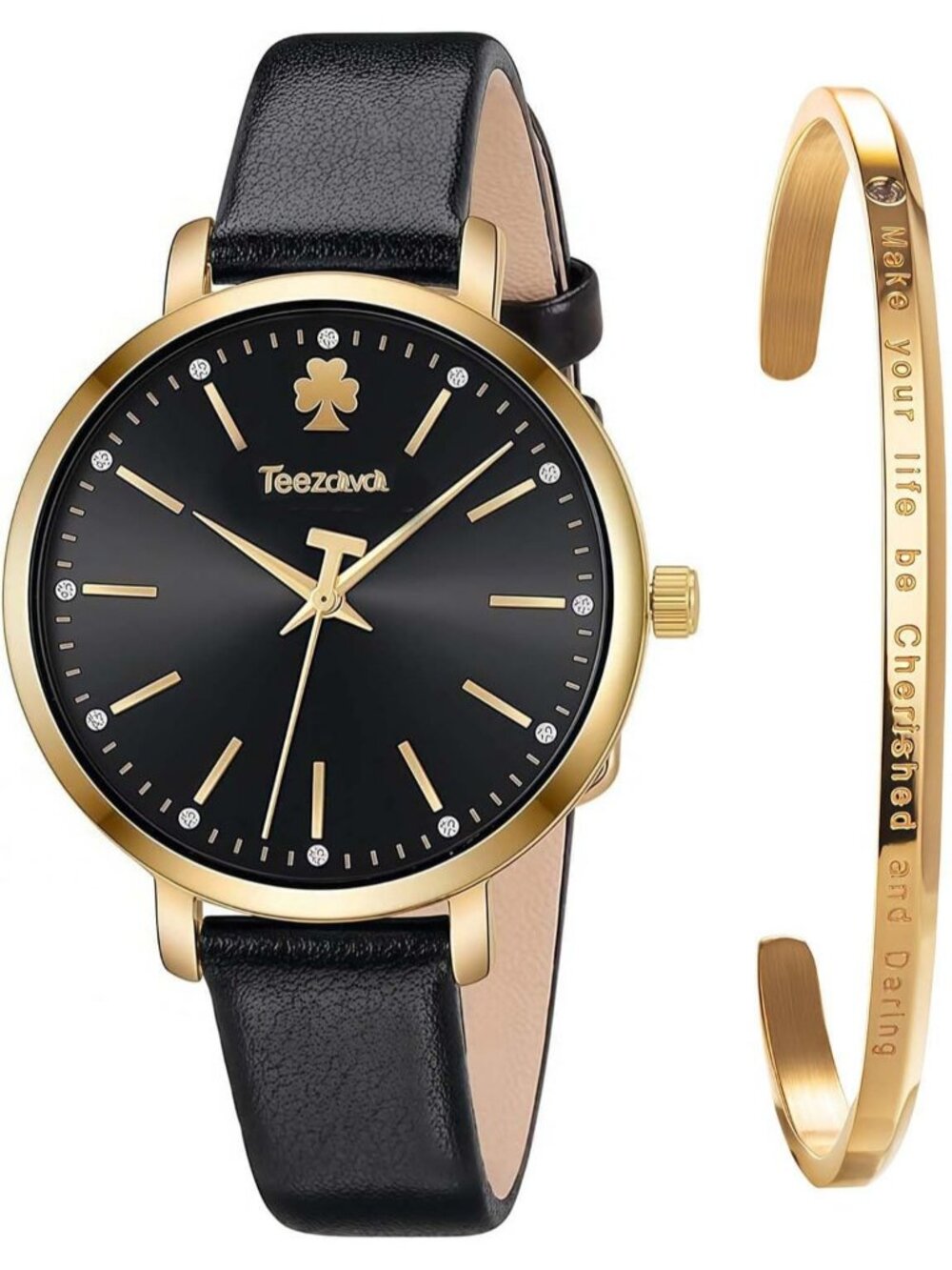 Women's Black Gold Classic Crystal Case Stainless Steel Cuff Bracelet Set Watch